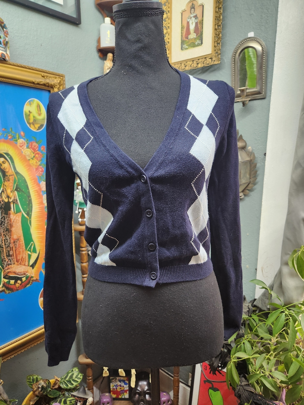Brandy Melville Navy and Light Blue Argyle V-Neck Cardigan